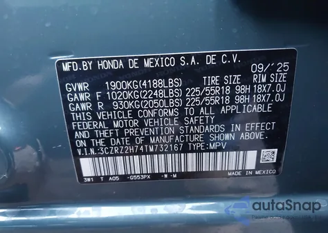 2026 Honda Hr-V Awd Ex-L z USA, uszkodzony, nr VIN 3CZRZ2H74TM732167